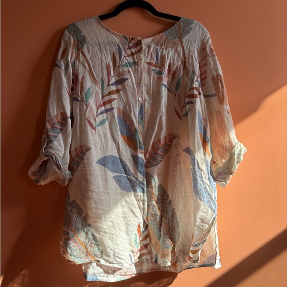 Cynthia Rowley 100% Linen White Floral Pastel Leaf Button Up Size 1X EUC - Picture 1 of 6